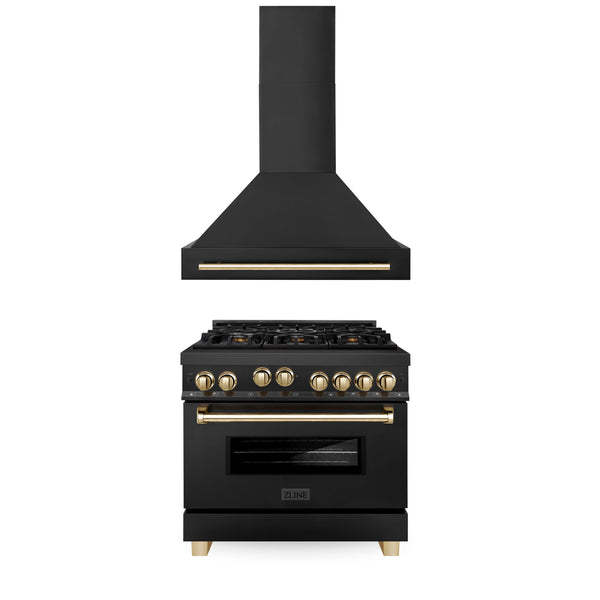 ZLINE 36" Autograph Edition Kitchen Package with Black Stainless Steel Gas Range and Range Hood with Polished Gold Accents (2AKP-RGBRH36-G)