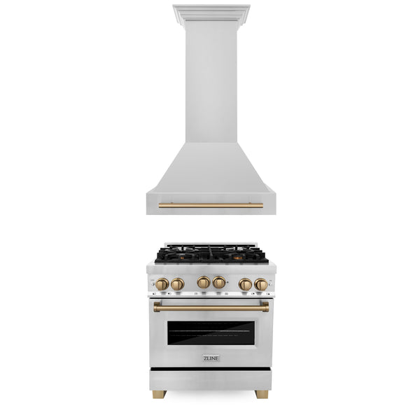 ZLINE 30" Autograph Edition Kitchen Package with Stainless Steel Gas Range and Range Hood with Champagne Bronze Accents (2AKP-RGRH30-CB)