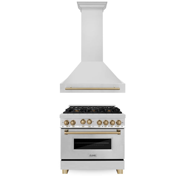 ZLINE 36" Autograph Edition Kitchen Package with Stainless Steel Gas Range and Range Hood with Champagne Bronze Accents (2AKP-RGRH36-CB)
