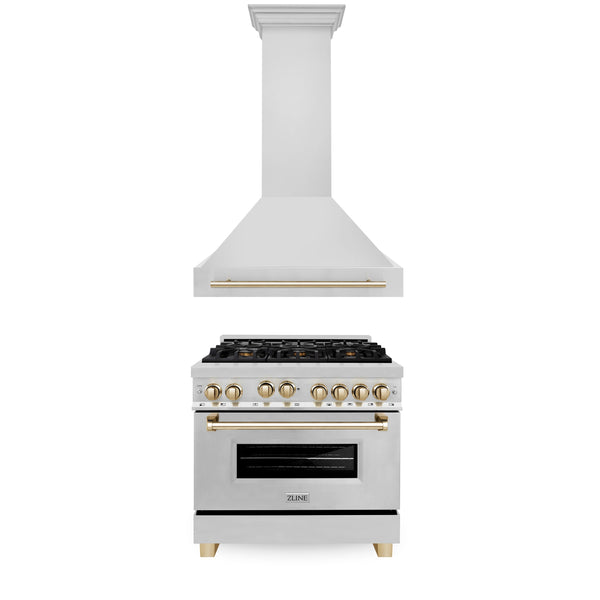 ZLINE 36" Autograph Edition Kitchen Package with Stainless Steel Gas Range and Range Hood with Polished Gold Accents (2AKP-RGRH36-G)