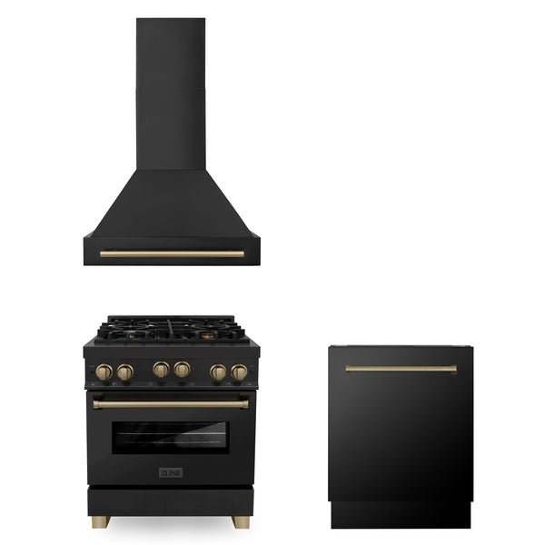 ZLINE 30" Autograph Edition Kitchen Package with Black Stainless Steel Gas Range, Range Hood and Dishwasher with Champagne Bronze Accents (3AKP-RGBRHDWV30-CB)