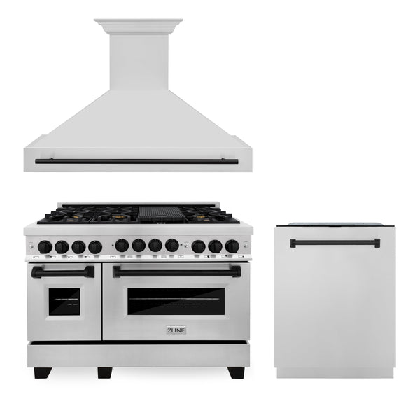 ZLINE 48" Autograph Edition Kitchen Package with Stainless Steel Gas Range, Range Hood and Dishwasher with Matte Black Accents (3AKPR-RGRH48-MB)