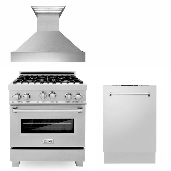 ZLINE 30 in. Kitchen Package with Satin Stainless Steel Gas Range, Ducted Range Hood and Dishwasher(3KP-RGSRH30-DW)