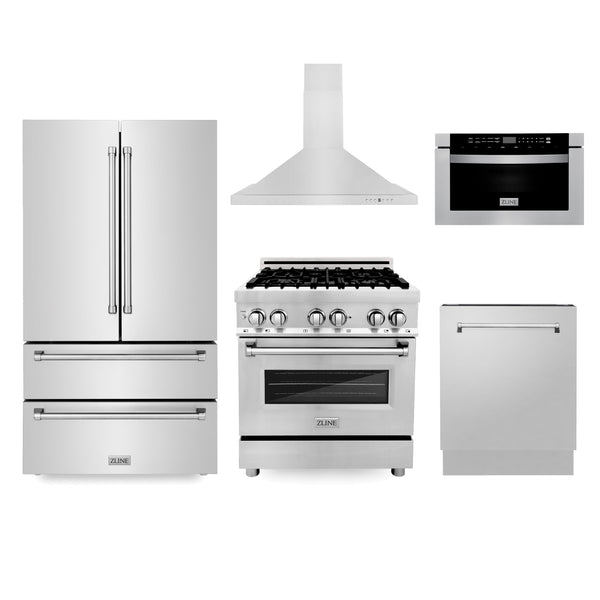 ZLINE 5-piece Kitchen Appliance Package with Refrigeration, 30 in. Stainless Steel Dual Fuel Range, 30 in. Convertible Vent Range Hood, 24 in. Microwave Drawer, and 24 in. Tall Tub Dishwasher (5KPR-RARH30-MWDWV)