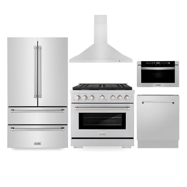 ZLINE Kitchen Package with Refrigeration, 36 in. Stainless Steel Gas Range, 36 in. Range Hood, Microwave Drawer, and 24 in. Tall Tub Dishwasher (5KPR-SGRRH36-MWDWV)