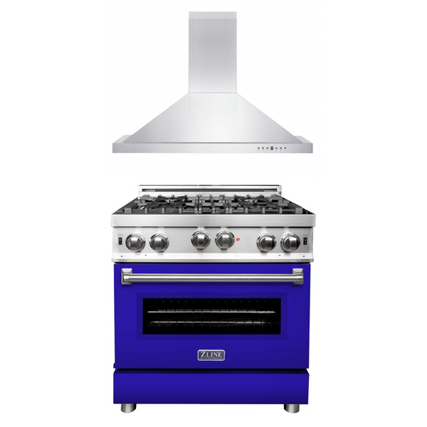 ZLINE 30 in. Kitchen Package with Stainless Steel Gas Range with Blue Matte Door and Convertible Vent Range Hood (2KP-RGBMRH30)