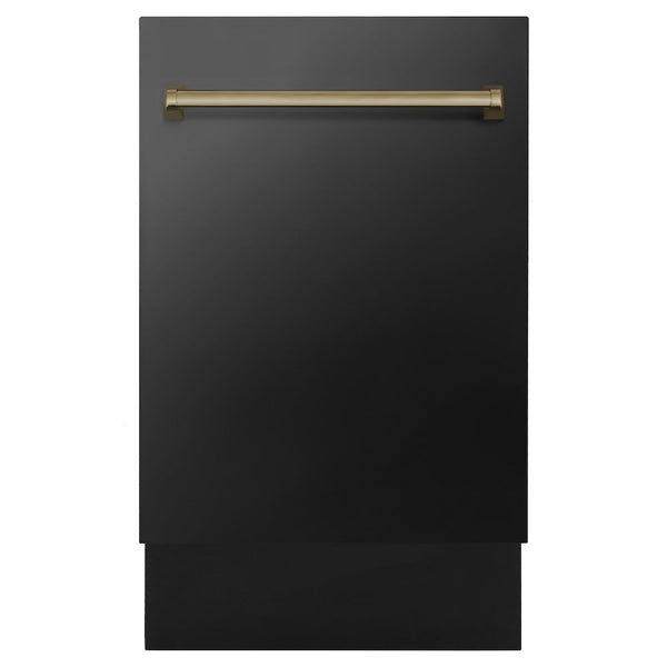 ZLINE Autograph Edition 18” Tallac Series 3rd Rack Top Control Built-In Dishwasher in Black Stainless Steel with Champagne Bronze Handle, 51dBa (DWVZ-BS-18-CB)