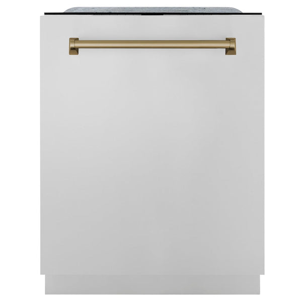 ZLINE Autograph Edition 24" Monument Series 3rd Rack Top Touch Control Tall Tub Dishwasher in Stainless Steel with Champagne Bronze Handle, 45dBa (DWMTZ-304-24-CB)