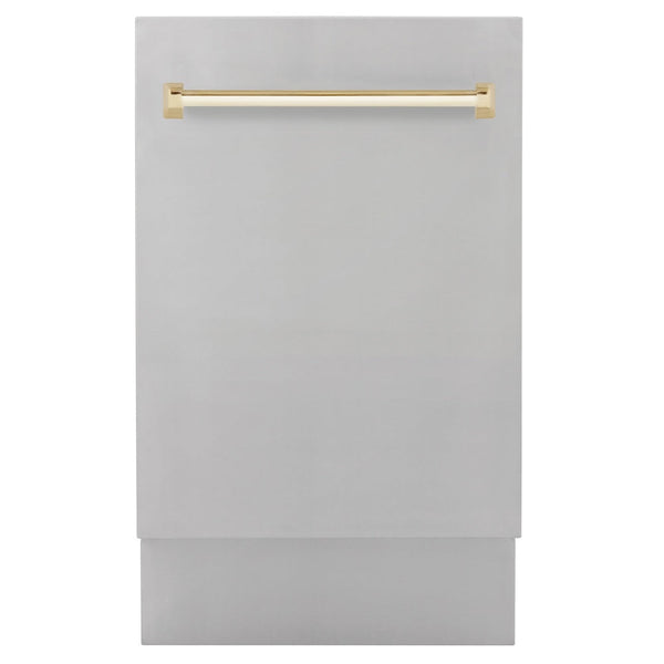 ZLINE Autograph Edition 18” Tallac Series 3rd Rack Top Control Built-In Dishwasher in Stainless Steel with Polished Gold Handle, 51dBa (DWVZ-304-18-G)