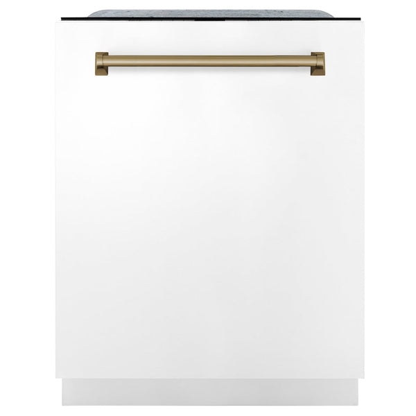 ZLINE Autograph Edition 24" Monument Series 3rd Rack Top Touch Control Tall Tub Dishwasher in White Matte with Champagne Bronze Handle, 45dBa (DWMTZ-WM-24-CB)
