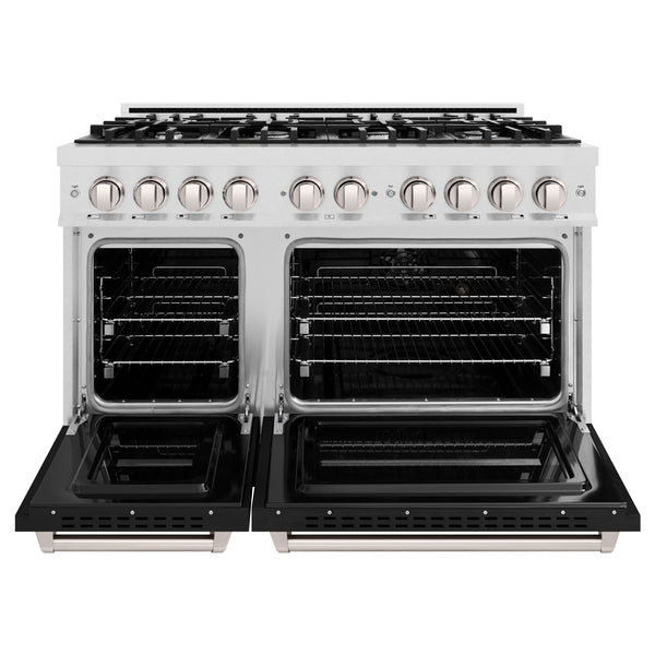 ZLINE 48 in. 6.7 cu. ft. Classic Double Oven Dual Fuel Range with 8 Burner Gas Cooktop in Satin Stainless Steel with Black Matte Doors (CDRS-BLM-48)