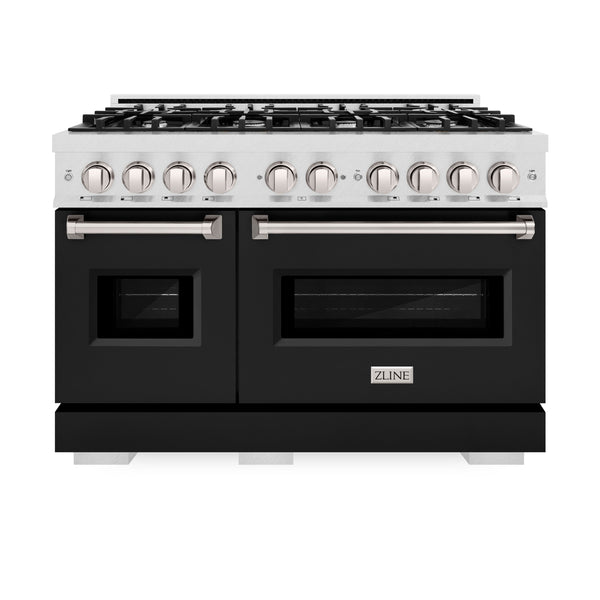 ZLINE 48 in. 6.7 cu. ft. Classic Double Oven Dual Fuel Range with 8 Burner Gas Cooktop in Satin Stainless Steel with Black Matte Doors (CDRS-BLM-48)