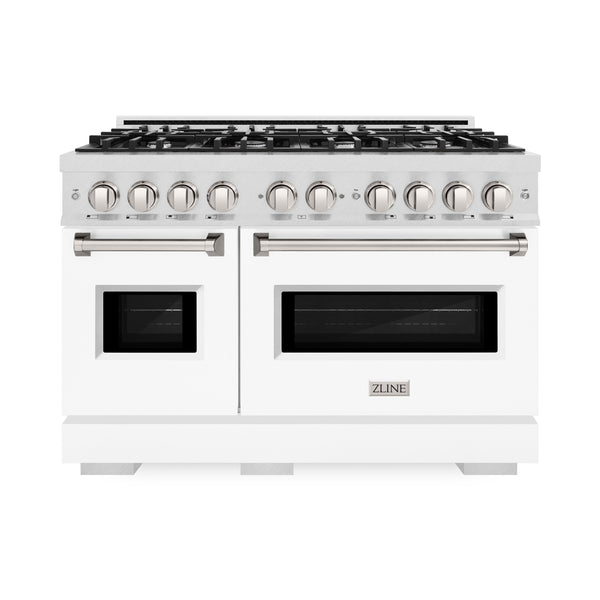 ZLINE 48 in. 6.7 cu. ft. Classic Double Oven Dual Fuel Range with 8 Burner Gas Cooktop in Satin Stainless Steel with White Matte Doors (CDRS-WM-48)