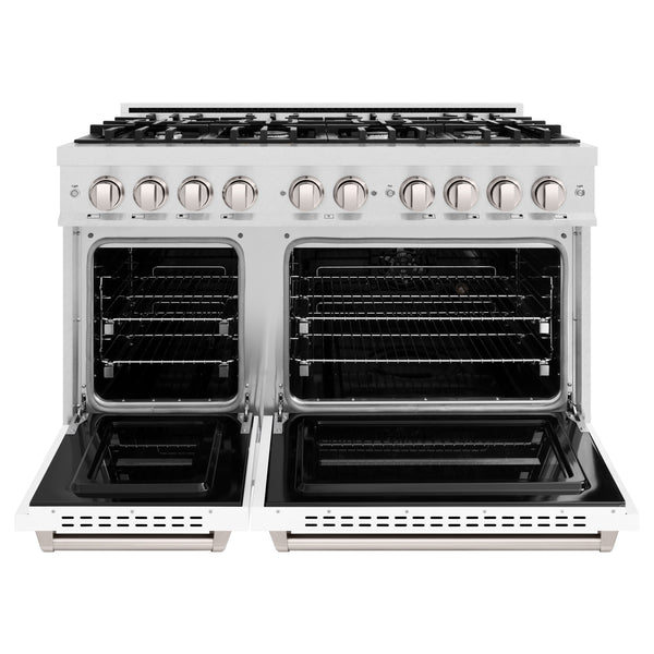 ZLINE 48 in. 6.7 cu. ft. Classic Double Oven Dual Fuel Range with 8 Burner Gas Cooktop in Satin Stainless Steel with White Matte Doors (CDRS-WM-48)