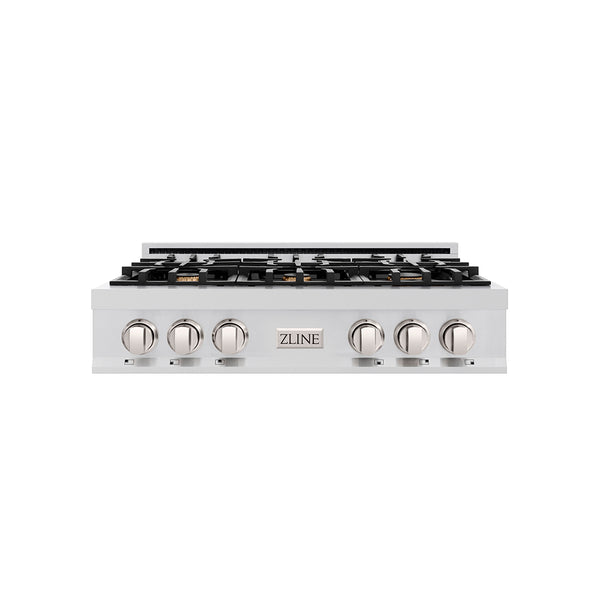 ZLINE 36 in. Classic Gas Rangetop with 6 Brass Burners and Porcelain Cooktop in Stainless Steel with Griddle (RT-BR-GR-36)