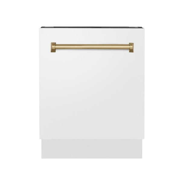 ZLINE Autograph Edition 24" Tallac Series 3rd Rack Top Control Built-In Tall Tub Dishwasher in White Matte with Champagne Bronze Handle, 51dBa (DWVZ-WM-24-CB)