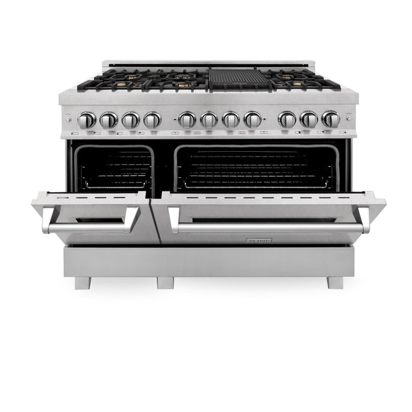ZLINE 48 in. 6.0 cu. ft. Legacy Dual Fuel Range with Gas Cooktop and 2 Electric Ovens in Satin Stainless Steel with 6 Brass Burners (RAS-SN-BR-48)