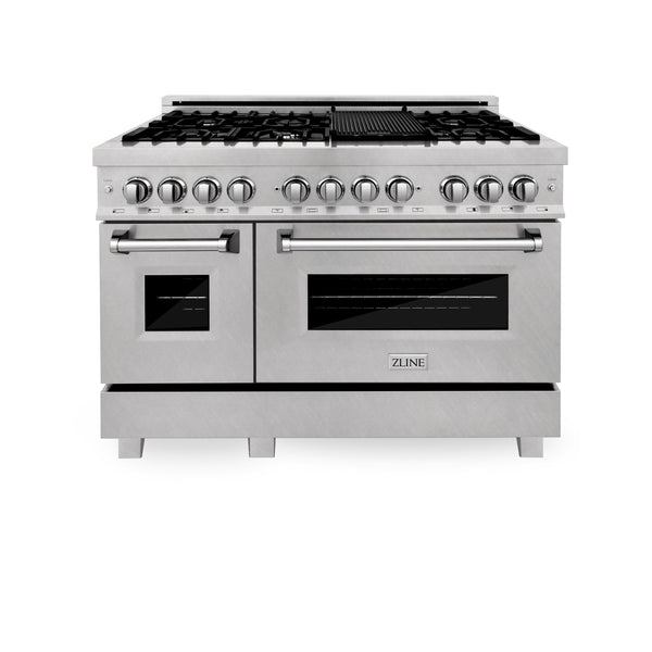 ZLINE 48 in. 6.0 cu. ft. Legacy Dual Fuel Range with 7 Burner Gas Cooktop and 2 Electric Ovens in Satin Stainless Steel with Griddle (RAS-SN-GR-48)