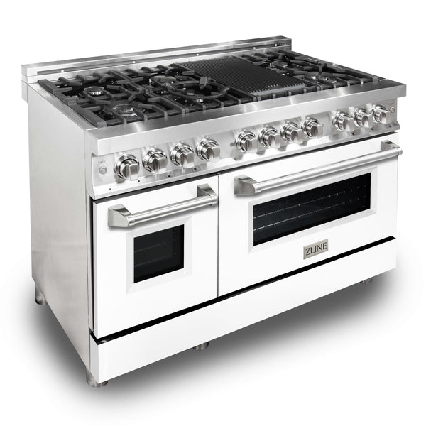 ZLINE 48 in. 6.0 cu. ft. Legacy Dual Fuel Range with 7 Burner Gas Cooktop and 2 Electric Ovens in Stainless Steel with Griddle and White Matte Doors (RA-WM-GR-48)