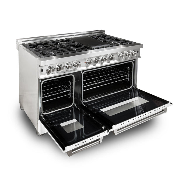 ZLINE 48 in. 6.0 cu. ft. Legacy Dual Fuel Range with 7 Burner Gas Cooktop and 2 Electric Ovens in Stainless Steel with Griddle and White Matte Doors (RA-WM-GR-48)