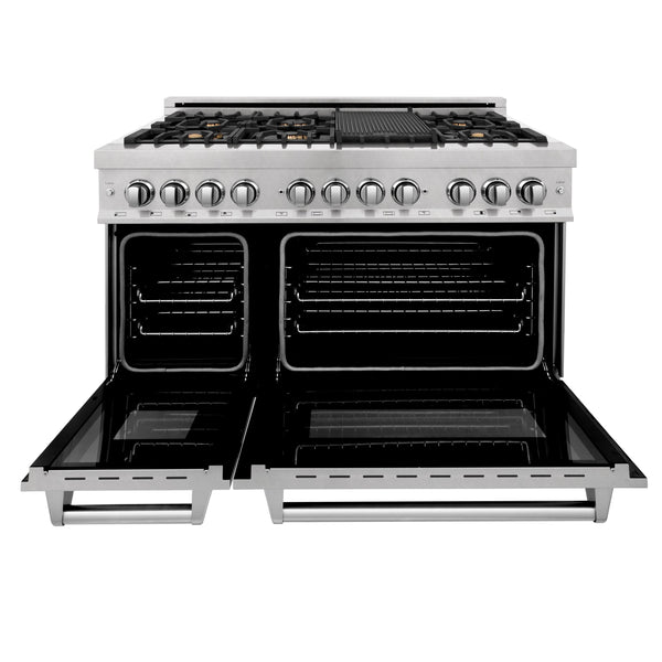 ZLINE 48 in. 6.0 cu. ft. Legacy Dual Fuel Range with Gas Cooktop and 2 Electric Ovens in Satin Stainless Steel with 6 Brass Burners and Griddle (RAS-SN-BR-GR-48)