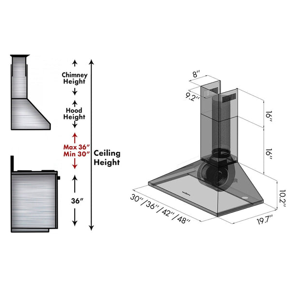 ZLINE Convertible Vent Wall Mount Range Hood in Stainless Steel (KL2) dimensional diagram with measurements and chimney height guide.