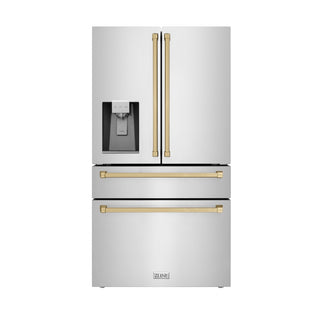 ZLINE Autograph Edition 36 in. 21.6 cu. ft. Counter-Depth French Door Refrigerator with Water and Ice Dispenser in Fingerprint-Resistant Stainless Steel with Champagne Bronze Traditional Handles (RFMZ-W-36-CB)