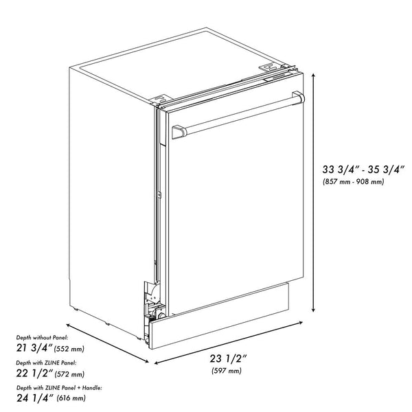 ZLINE 24" Tallac Series 3rd Rack Dishwasher with Matte Black Panel and Traditional Handle, 51dBa (DWV-BLM-24) dimensional diagram.