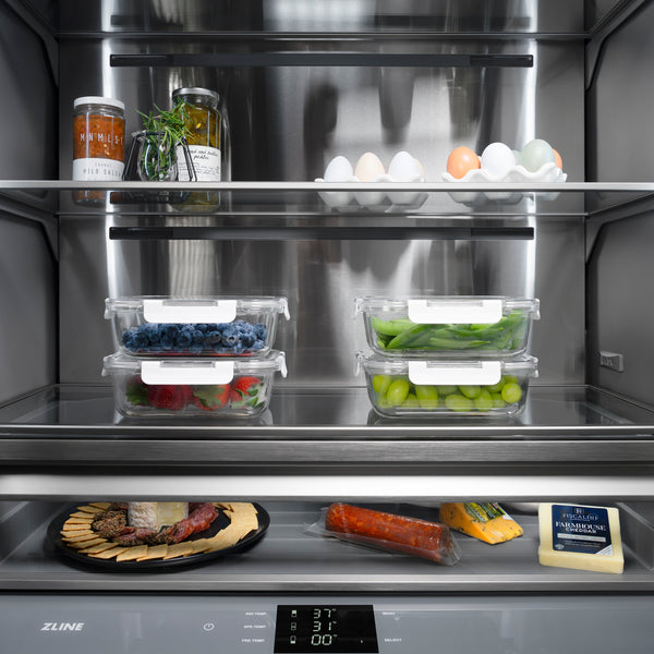 ZLINE Autograph Edition 36 in. 19.6 cu. ft. French Door Built-In Bottom Freezer Refrigerator with Water Dispenser and Ice Maker in Satin Stainless Steel with Graphite Gray Interior and Matte Black Accents (GRBIVZ-SN-36-MB)