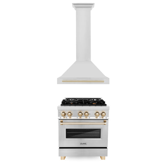 ZLINE 30" Autograph Edition Kitchen Package with Stainless Steel Dual Fuel Range and Range Hood with Polished Gold  Accents (2AKP-RARH30-G)