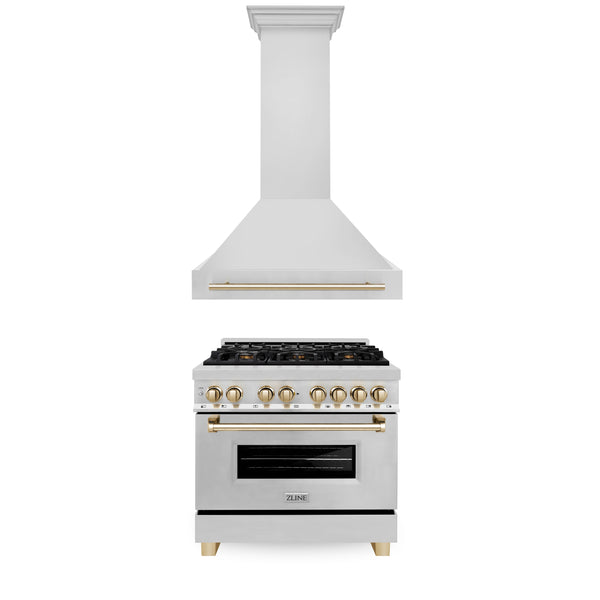ZLINE 36" Autograph Edition Kitchen Package with Stainless Steel Dual Fuel Range and Range Hood with Polished Gold  Accents (2AKP-RARH36-G)