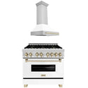 ZLINE Autograph Edition 36 in. Kitchen Package with Stainless Steel Dual Fuel Range with White Matte Door and Range Hood with Polished Gold Accents (2AKP-RAWMRH36-G)