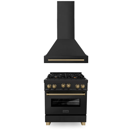 ZLINE 30" Autograph Edition Kitchen Package with Black Stainless Steel Gas Range and Range Hood with Champagne Bronze Accents (2AKP-RGBRH30-CB)