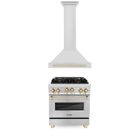 ZLINE 30" Autograph Edition Kitchen Package with Stainless Steel Gas Range and Range Hood with Polished Gold  Accents (2AKP-RGRH30-G)
