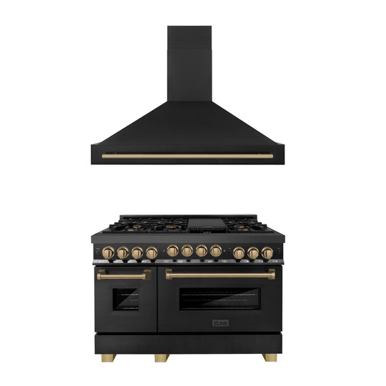 ZLINE 48" Autograph Edition Kitchen Package with Black Stainless Steel Gas Range and Range Hood with Champagne Bronze Accents (2AKPR-RGBRH48-CB)