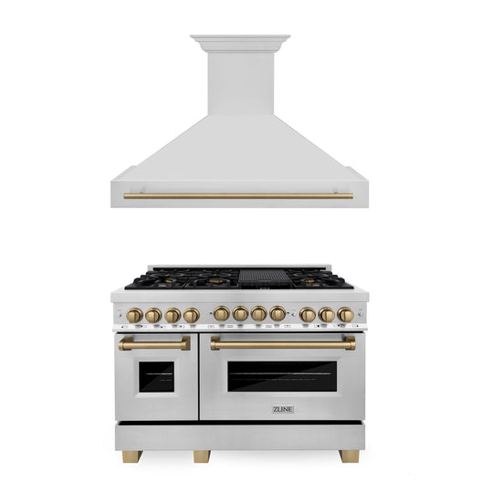 ZLINE 48" Autograph Edition Kitchen Package with Stainless Steel Gas Range and Range Hood with Champagne Bronze Accents (2AKPR-RGRH48-CB)
