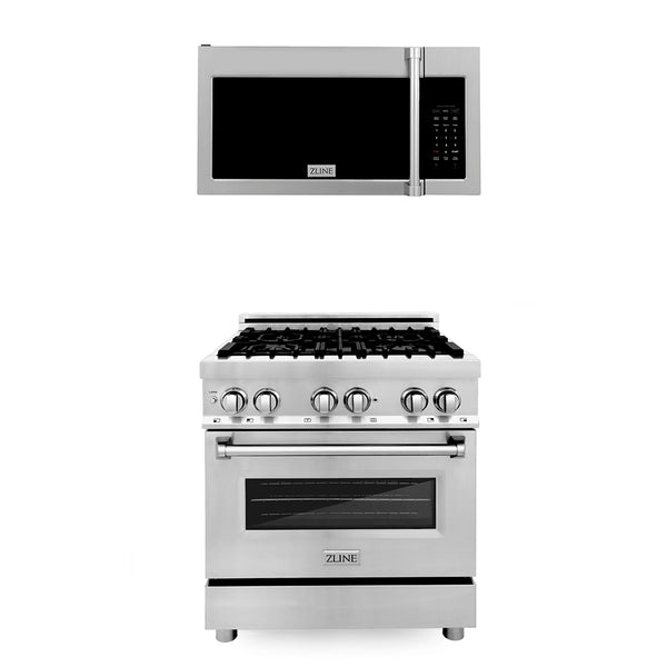 ZLINE 30 in. Kitchen Package with Satin Stainless Steel Dual Fuel Range and Over The Range Microwave