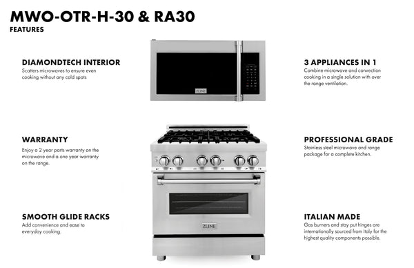 ZLINE 30 in. Kitchen Package with Satin Stainless Steel Dual Fuel Range and Over The Range Microwave