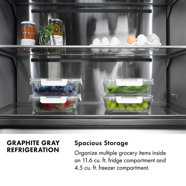 ZLINE Autograph Edition 36 in. 19.6 cu. ft. French Door Built-In Bottom Freezer Refrigerator with Water Dispenser and Ice Maker in Satin Stainless Steel with Graphite Gray Interior and Matte Black Accents (GRBIVZ-SN-36-MB)