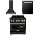 ZLINE Autograph Edition 30 in. Kitchen Package with Black Stainless Steel Dual Fuel Range, Range Hood and Dishwasher with Polished Gold Accents (3AKP-RABRHDWV30-G) 