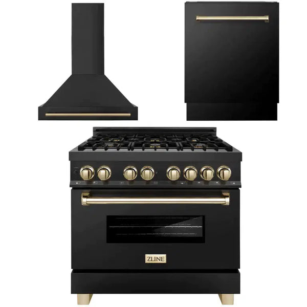 ZLINE Autograph Edition 36 in. Kitchen Package with Black Stainless Steel Dual Fuel Range, Range Hood and Dishwasher with Polished Gold Accents (3AKP-RABRHDWV36-G) 