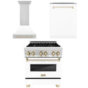 ZLINE Autograph Edition 30 in. Kitchen Package with Stainless Steel Dual Fuel Range with White Matte Door, Range Hood and Dishwasher with Polished Gold Accents (3AKP-RAWMRHDWM30-G) 