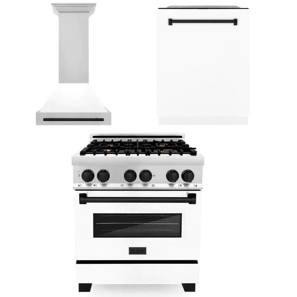 ZLINE Autograph Edition 30 in. Kitchen Package with Stainless Steel Dual Fuel Range with White Matte Door, Range Hood and Dishwasher with Matte Black Accents (3AKP-RAWMRHDWM30-MB) 