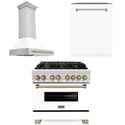 ZLINE Autograph Edition 36 in. Kitchen Package with Stainless Steel Dual Fuel Range with White Matte Door, Range Hood and Dishwasher with Champagne Bronze Accents (3AKP-RAWMRHDWM36-CB) 