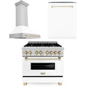 ZLINE Autograph Edition 36 in. Kitchen Package with Stainless Steel Dual Fuel Range with White Matte Door, Range Hood and Dishwasher with Polished Gold Accents (3AKP-RAWMRHDWM36-G) 