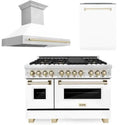 ZLINE Autograph Edition 48 in. Kitchen Package with Stainless Steel Dual Fuel Range with White Matte Door, Range Hood and Dishwasher with Polished Gold Accents (3AKP-RAWMRHDWM48-G) 
