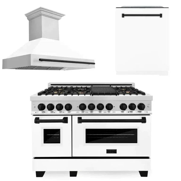 ZLINE Autograph Edition 48 in. Kitchen Package with Stainless Steel Dual Fuel Range with White Matte Door, Range Hood and Dishwasher with Matte Black Accents (3AKP-RAWMRHDWM48-MB) 