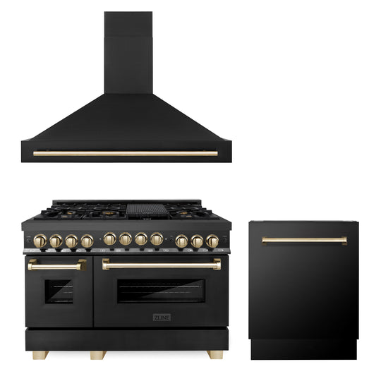 ZLINE 48" Autograph Edition Kitchen Package with Black Stainless Steel Gas Range, Range Hood and Dishwasher with Polished Gold  Accents (3AKPR-RGBRHDWV48-G)