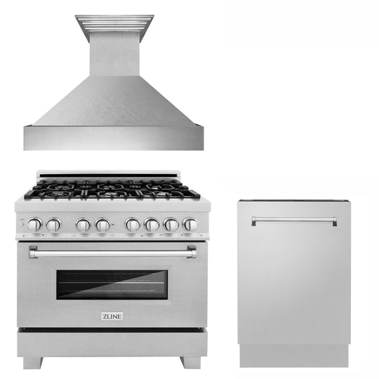 ZLINE 36 in. Kitchen Package with Satin Stainless Dual Fuel Range, Ducted Vent Range Hood and Tall Tub Dishwasher
