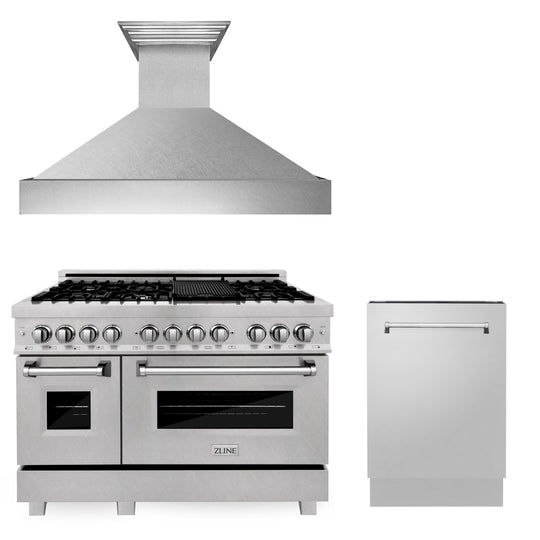 ZLINE 48 in. Kitchen Package with Satin Stainless Dual Fuel Range, Ducted Vent Range Hood and Tall Tub Dishwasher